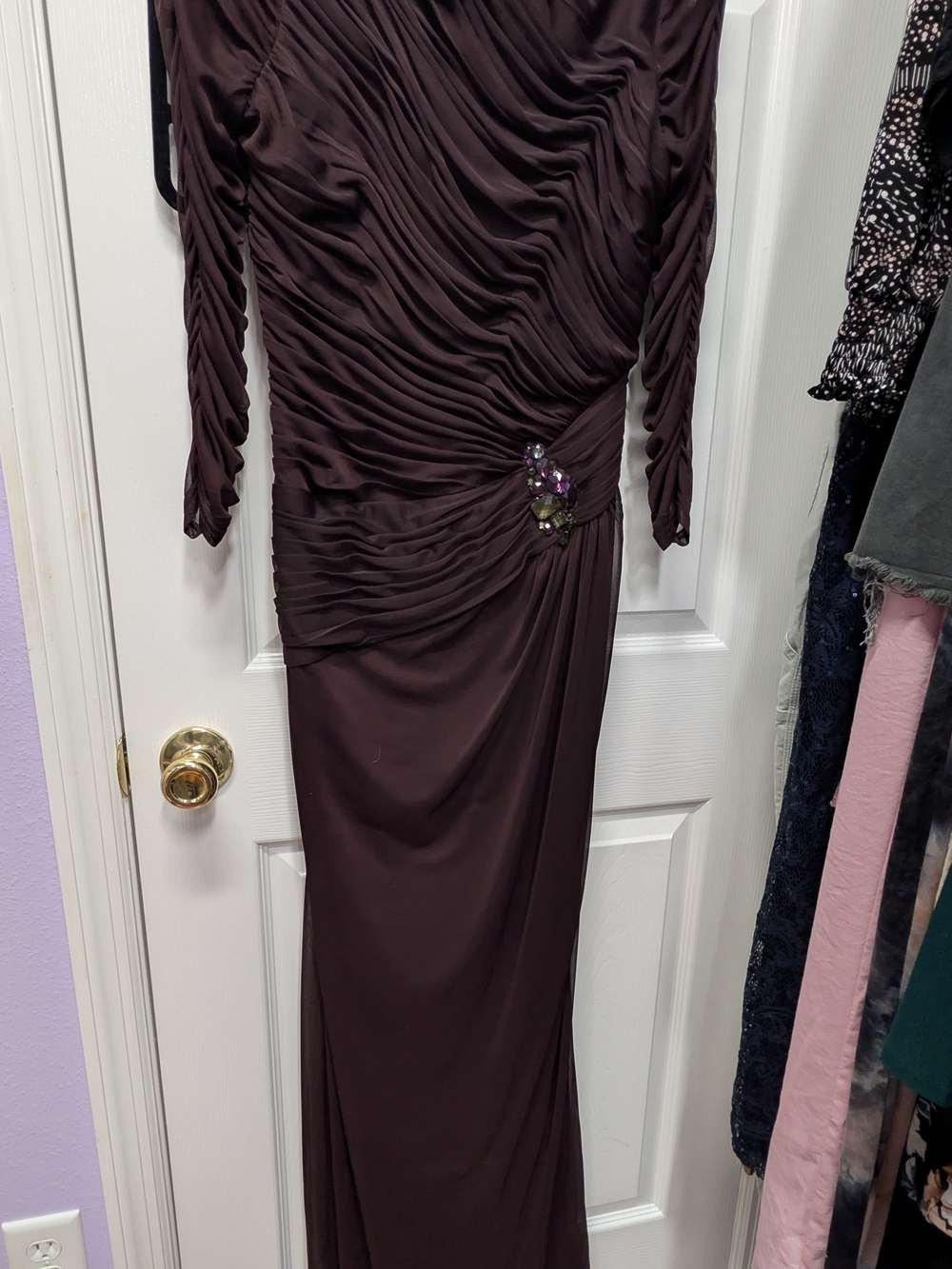 Adrianna Papell Raisin Purple Ruched Mesh Gown Jeweled Shoulder Accent